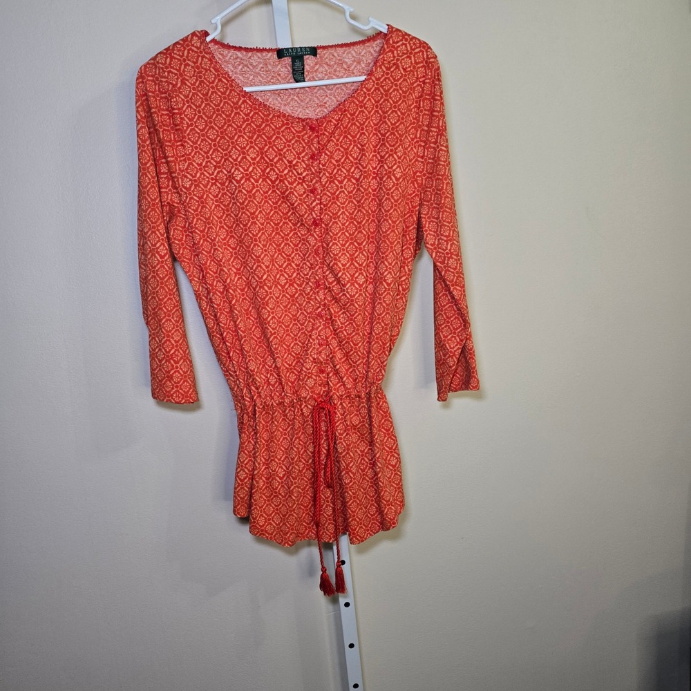 Lauren Ralph Lauren Women's Orange Print 3/4 Sleeve Top XL
